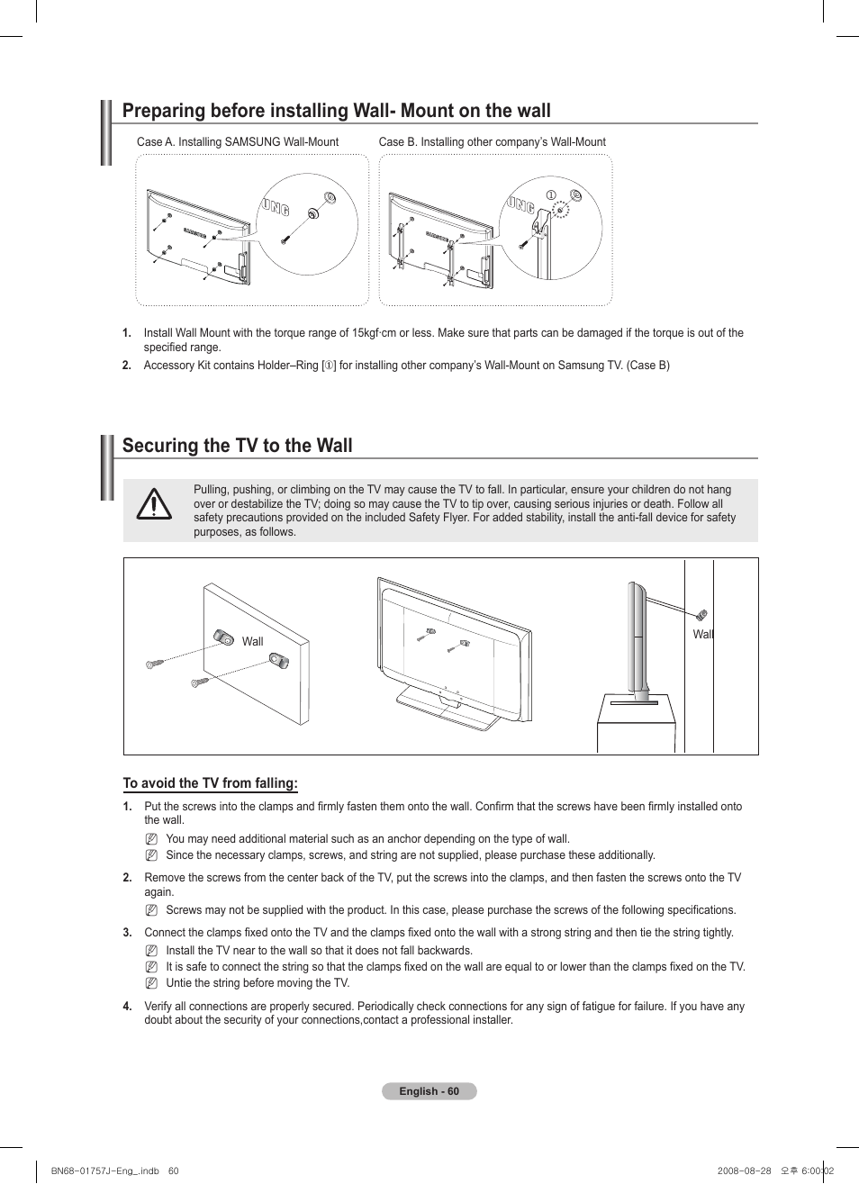 Securing the tv to the wall, 경고 주의 경고 주의 | Samsung PS63A756T1M User Manual | Page 60 / 436