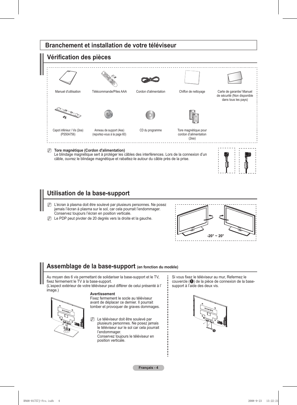 Assemblage de la base-support, Vérification des pièces, Utilisation de la base-support | Branchement et installation de votre téléviseur | Samsung PS63A756T1M User Manual | Page 67 / 436