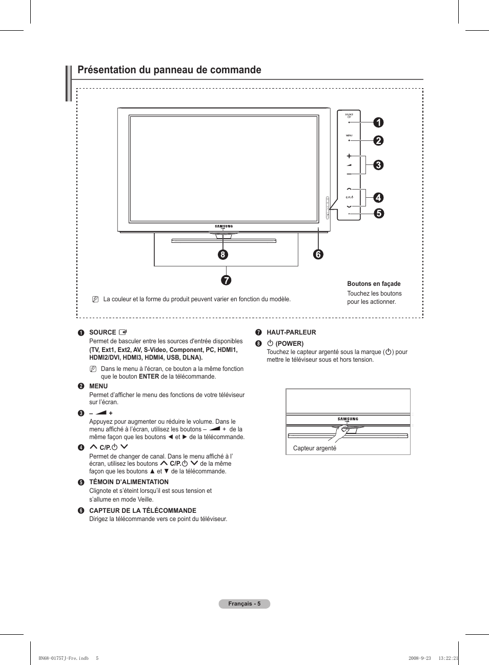 Présentation du panneau de commande | Samsung PS63A756T1M User Manual | Page 68 / 436