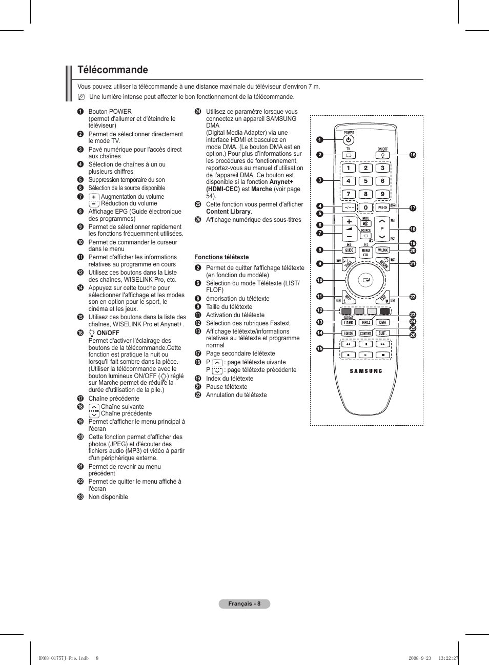 Télécommande | Samsung PS63A756T1M User Manual | Page 71 / 436