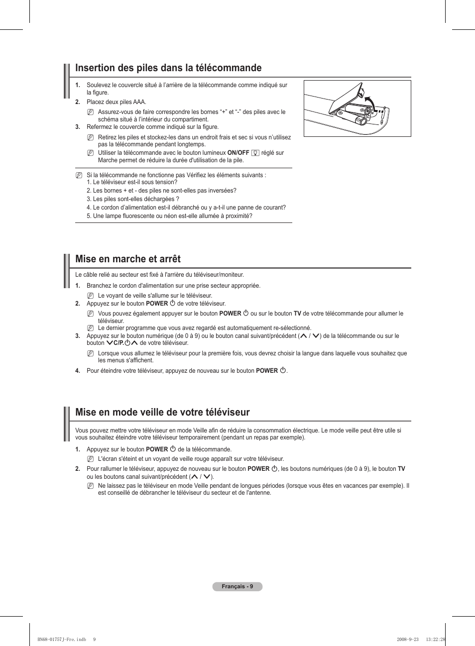 Insertion des piles dans la télécommande, Mise en marche et arrêt, Mise en mode veille de votre téléviseur | Samsung PS63A756T1M User Manual | Page 72 / 436