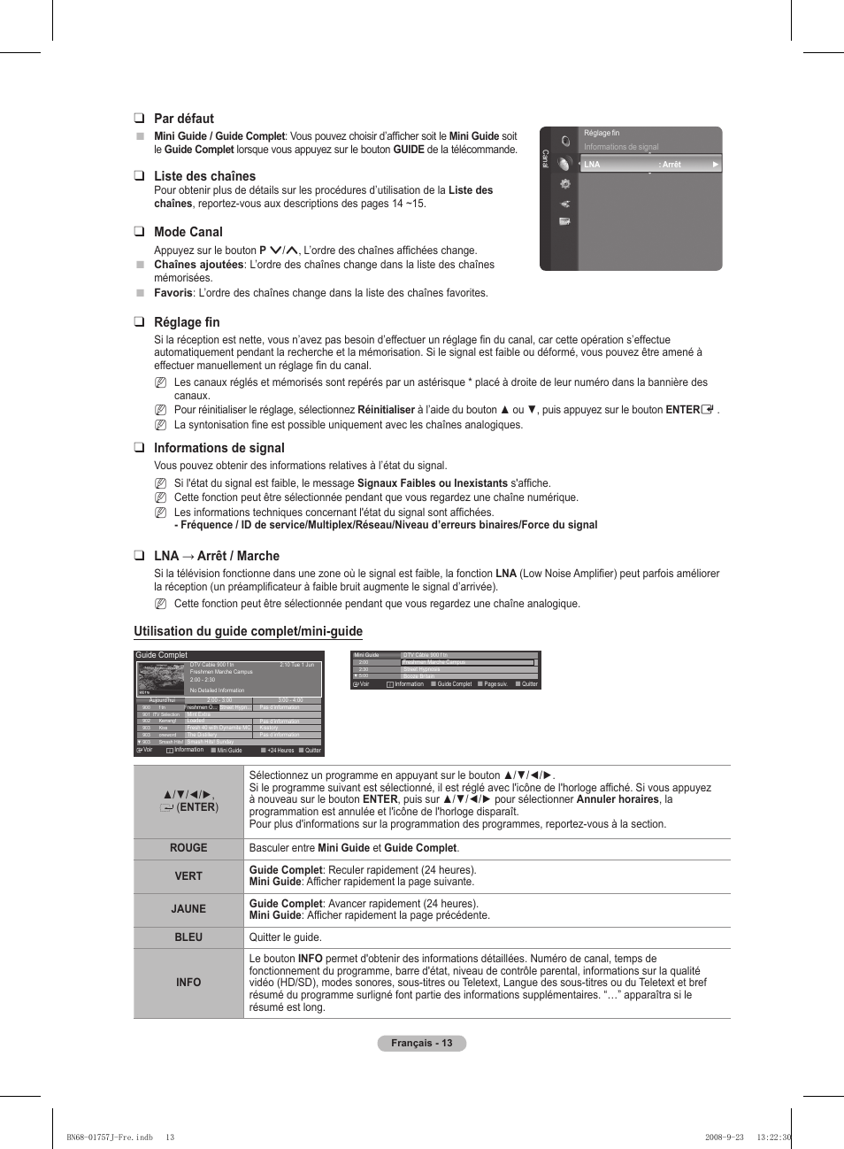 Par défaut, Liste des chaînes, Mode canal | Réglage fin, Informations de signal, Lna → arrêt / marche, Utilisation du guide complet/mini-guide | Samsung PS63A756T1M User Manual | Page 76 / 436