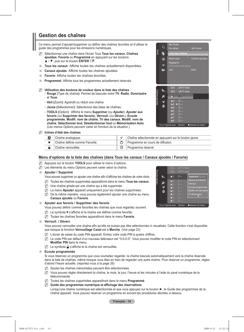 Gestion des chaînes | Samsung PS63A756T1M User Manual | Page 77 / 436