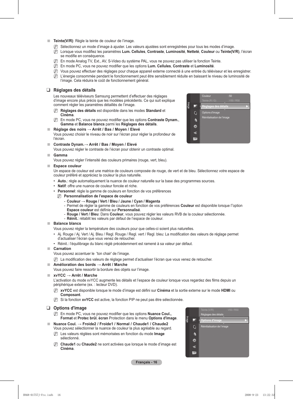 Réglages des détails, Options d'image | Samsung PS63A756T1M User Manual | Page 79 / 436