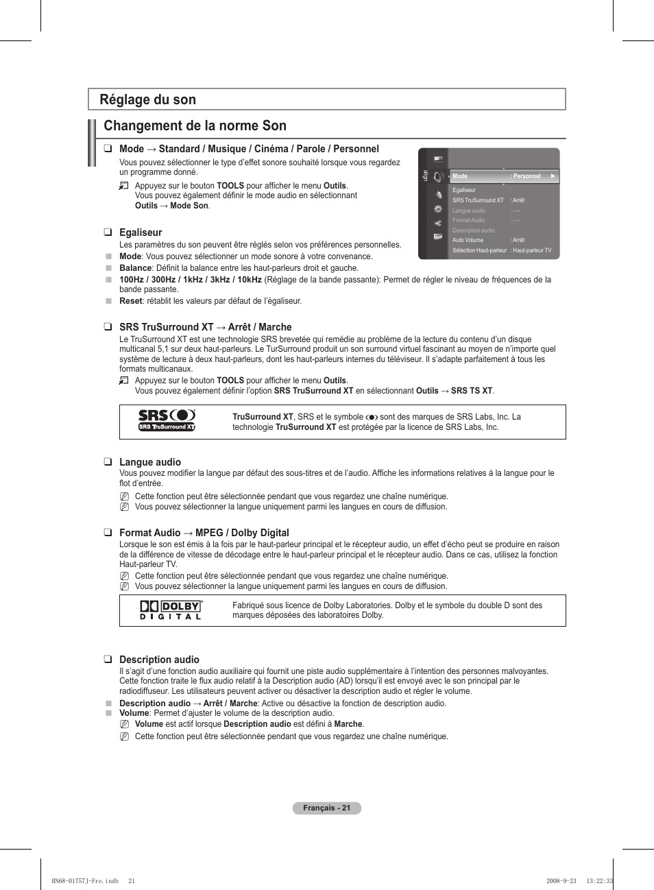 Réglage du son changement de la norme son | Samsung PS63A756T1M User Manual | Page 84 / 436