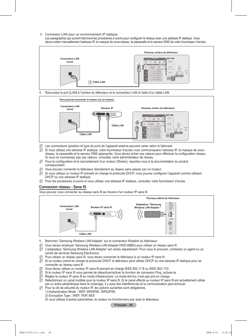 Connexion réseau - sans fil | Samsung PS63A756T1M User Manual | Page 91 / 436