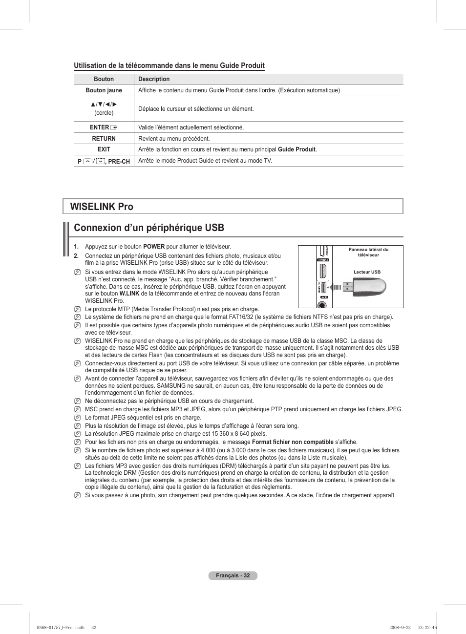 Wiselink pro connexion d’un périphérique usb | Samsung PS63A756T1M User Manual | Page 95 / 436