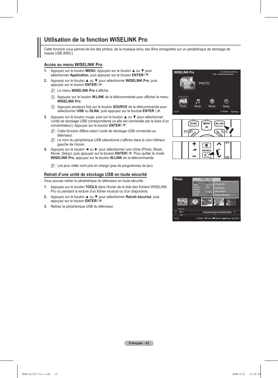 Utilisation de la fonction wiselink pro, Accès au menu wiselink pro | Samsung PS63A756T1M User Manual | Page 96 / 436
