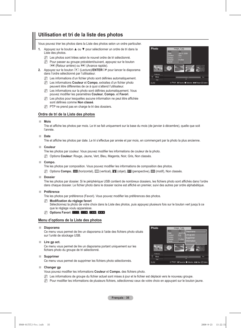 Utilisation et tri de la liste des photos, Ordre de tri de la liste des photos, Menu d’options de la liste des photos | Samsung PS63A756T1M User Manual | Page 98 / 436
