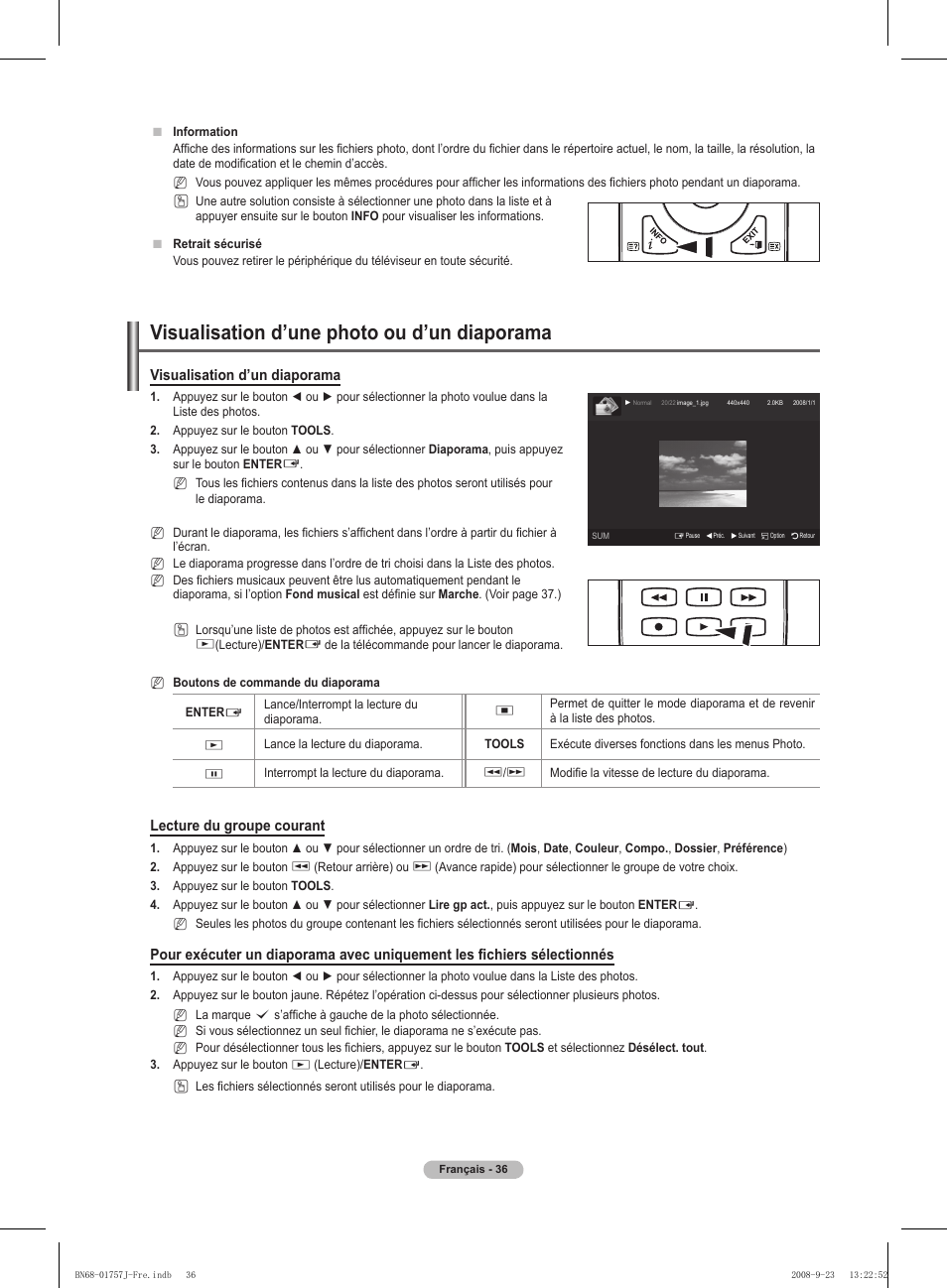 Visualisation d’une photo ou d’un diaporama, Visualisation d’un diaporama, Lecture du groupe courant | Samsung PS63A756T1M User Manual | Page 99 / 436
