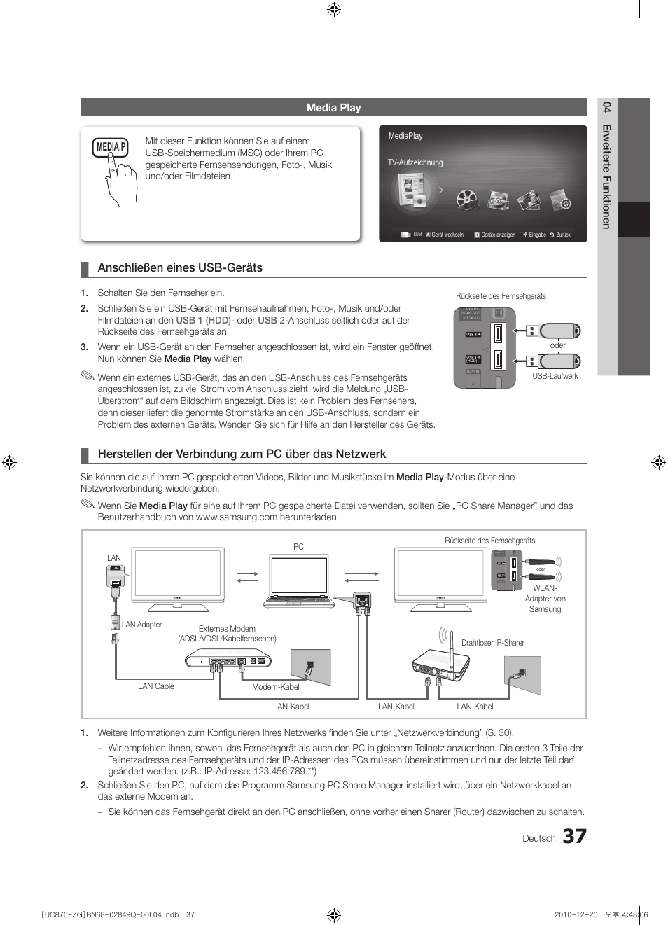 Anschließen eines usb-geräts, Herstellen der verbindung zum pc über das netzwerk | Samsung UE46S870XS User Manual | Page 103 / 264