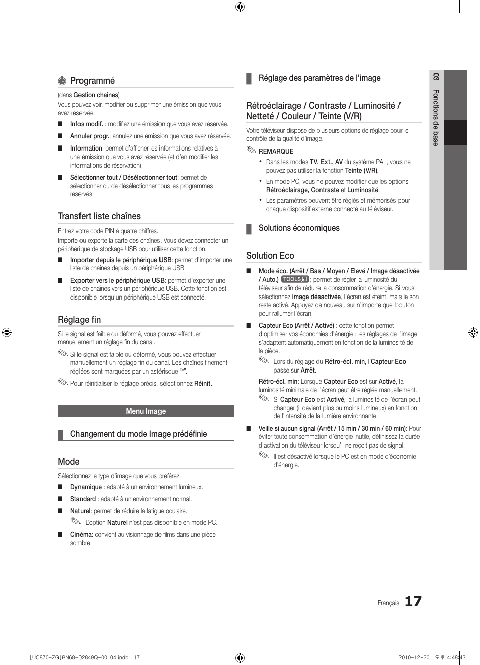 Programmé, Transfert liste chaînes, Réglage fin | Mode, Solution eco | Samsung UE46S870XS User Manual | Page 149 / 264