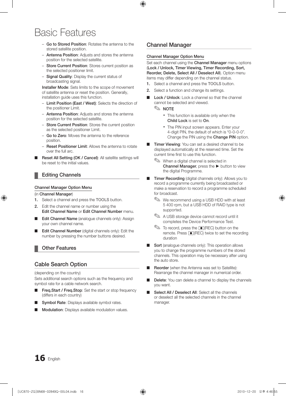 Basic features, Cable search option, Channel manager | Samsung UE46S870XS User Manual | Page 16 / 264