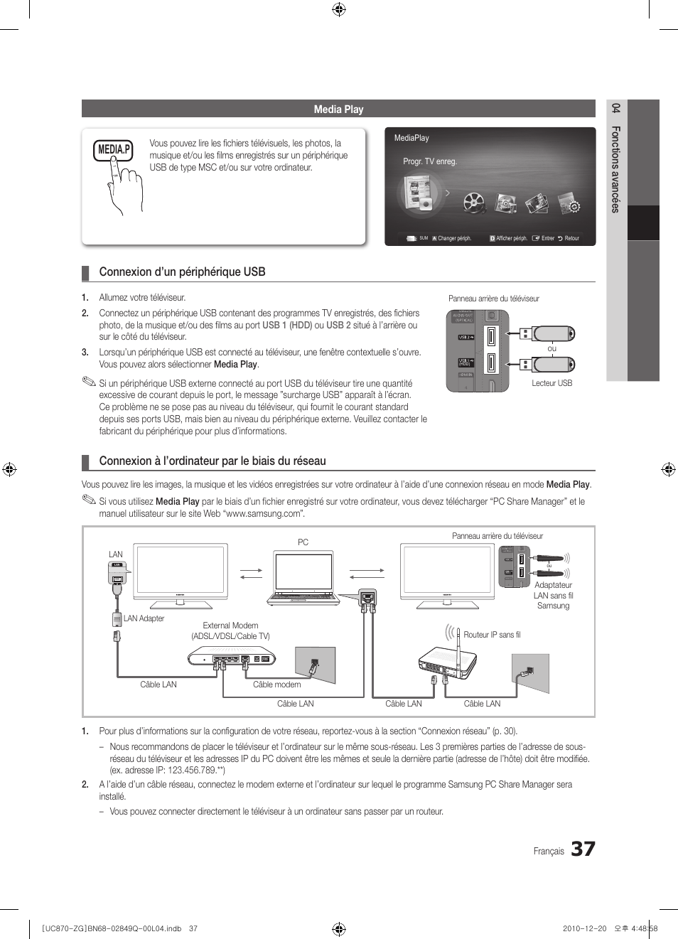 Connexion d’un périphérique usb, Connexion à l’ordinateur par le biais du réseau, Media.p | Samsung UE46S870XS User Manual | Page 169 / 264
