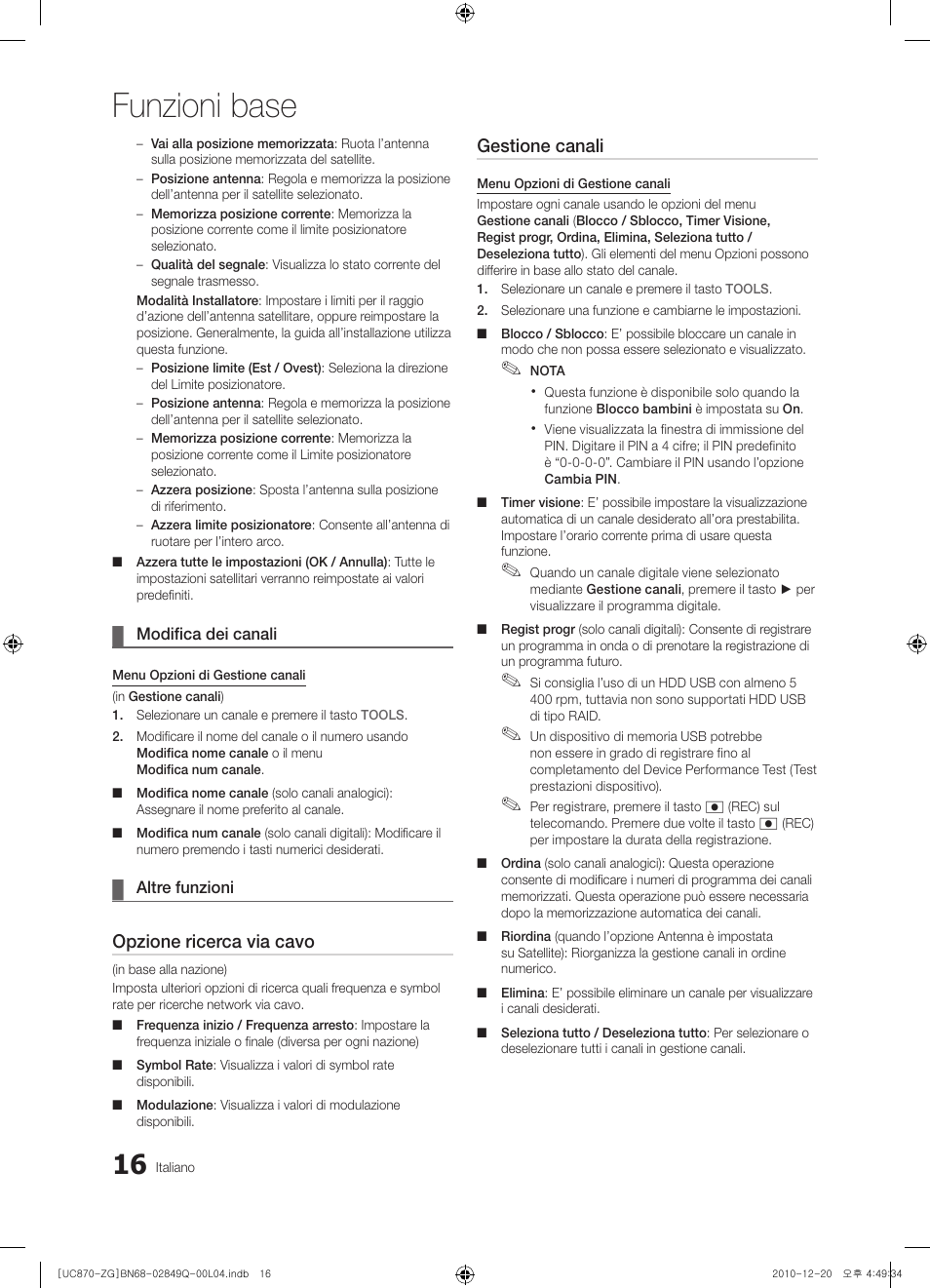 Funzioni base, Opzione ricerca via cavo, Gestione canali | Samsung UE46S870XS User Manual | Page 214 / 264