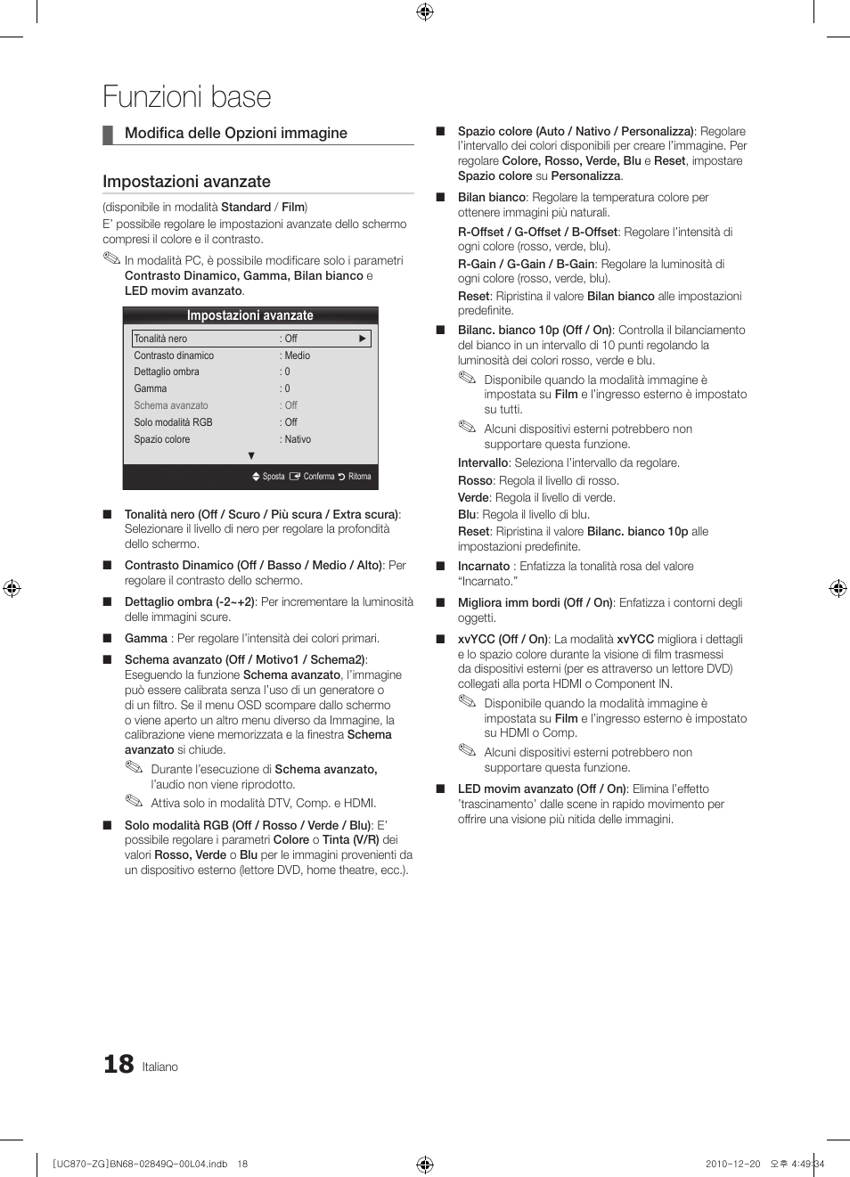 Funzioni base, Impostazioni avanzate | Samsung UE46S870XS User Manual | Page 216 / 264
