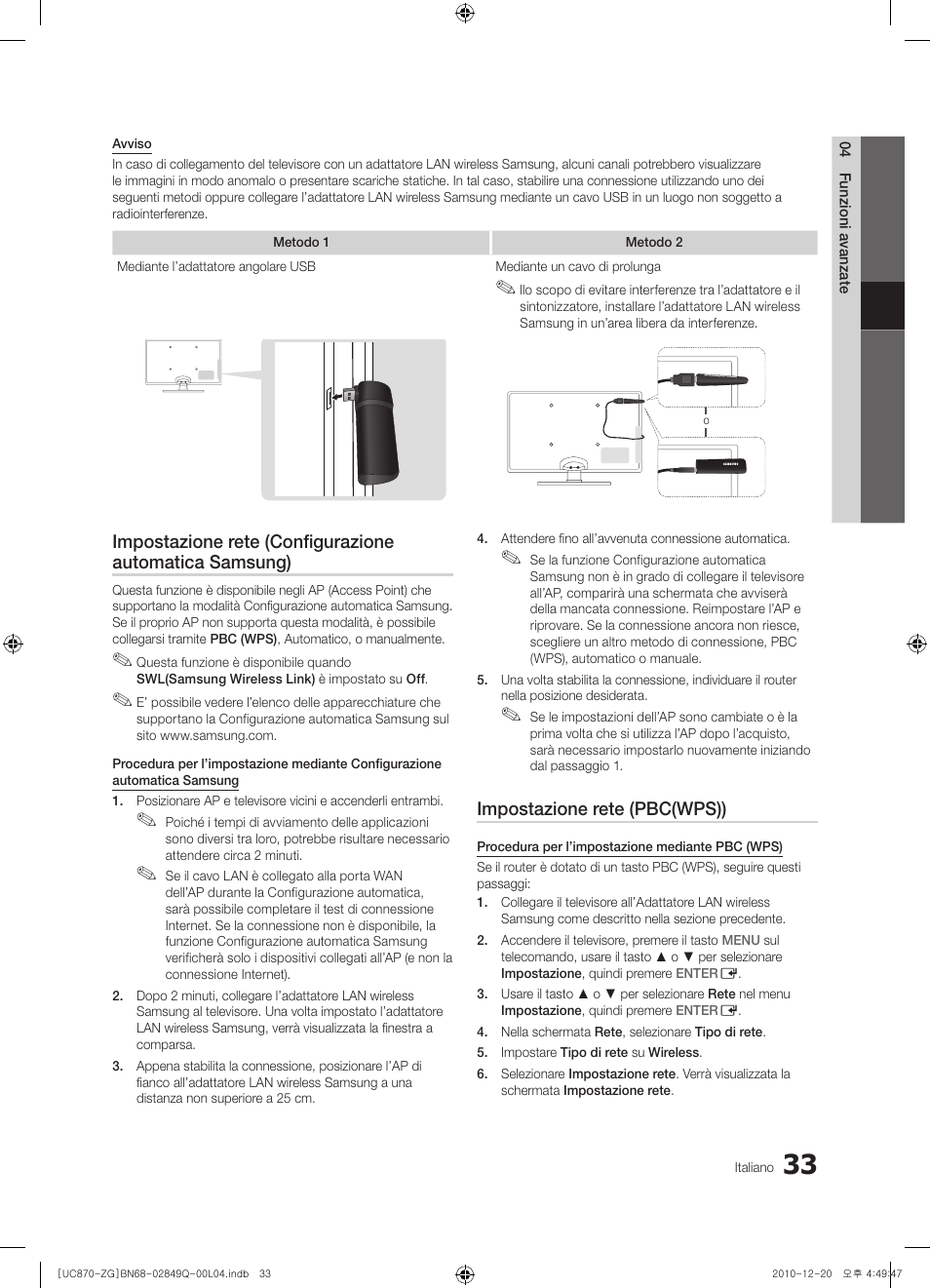 Impostazione rete (pbc(wps)) | Samsung UE46S870XS User Manual | Page 231 / 264