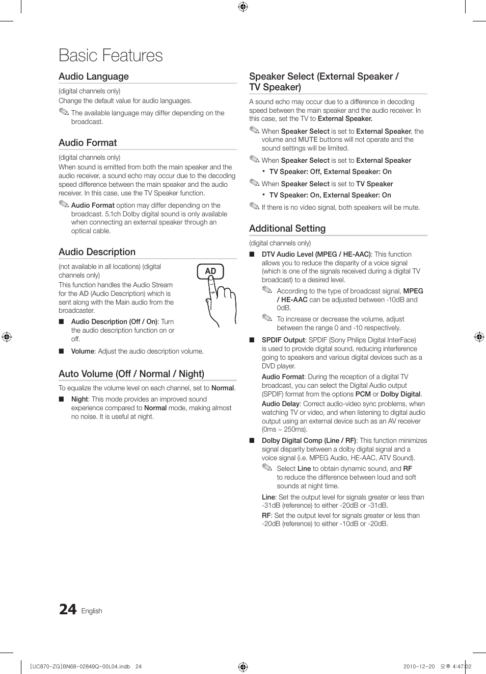 Basic features | Samsung UE46S870XS User Manual | Page 24 / 264
