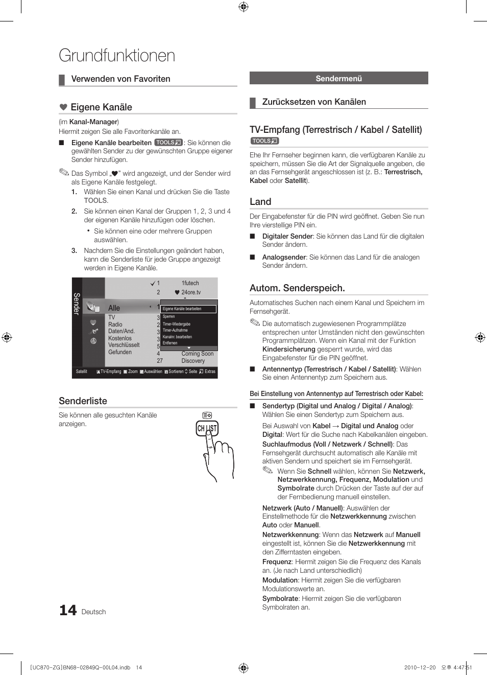Grundfunktionen, Eigene kanäle, Senderliste | Tv-empfang (terrestrisch / kabel / satellit), Land, Autom. senderspeich | Samsung UE46S870XS User Manual | Page 80 / 264
