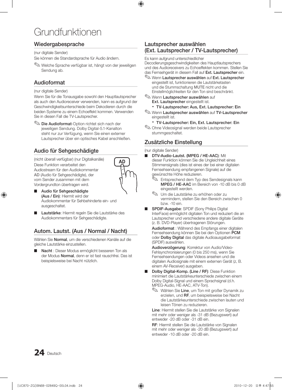 Grundfunktionen, Wiedergabesprache, Audioformat | Audio für sehgeschädigte, Autom. lautst. (aus / normal / nacht), Zusätzliche einstellung | Samsung UE46S870XS User Manual | Page 90 / 264