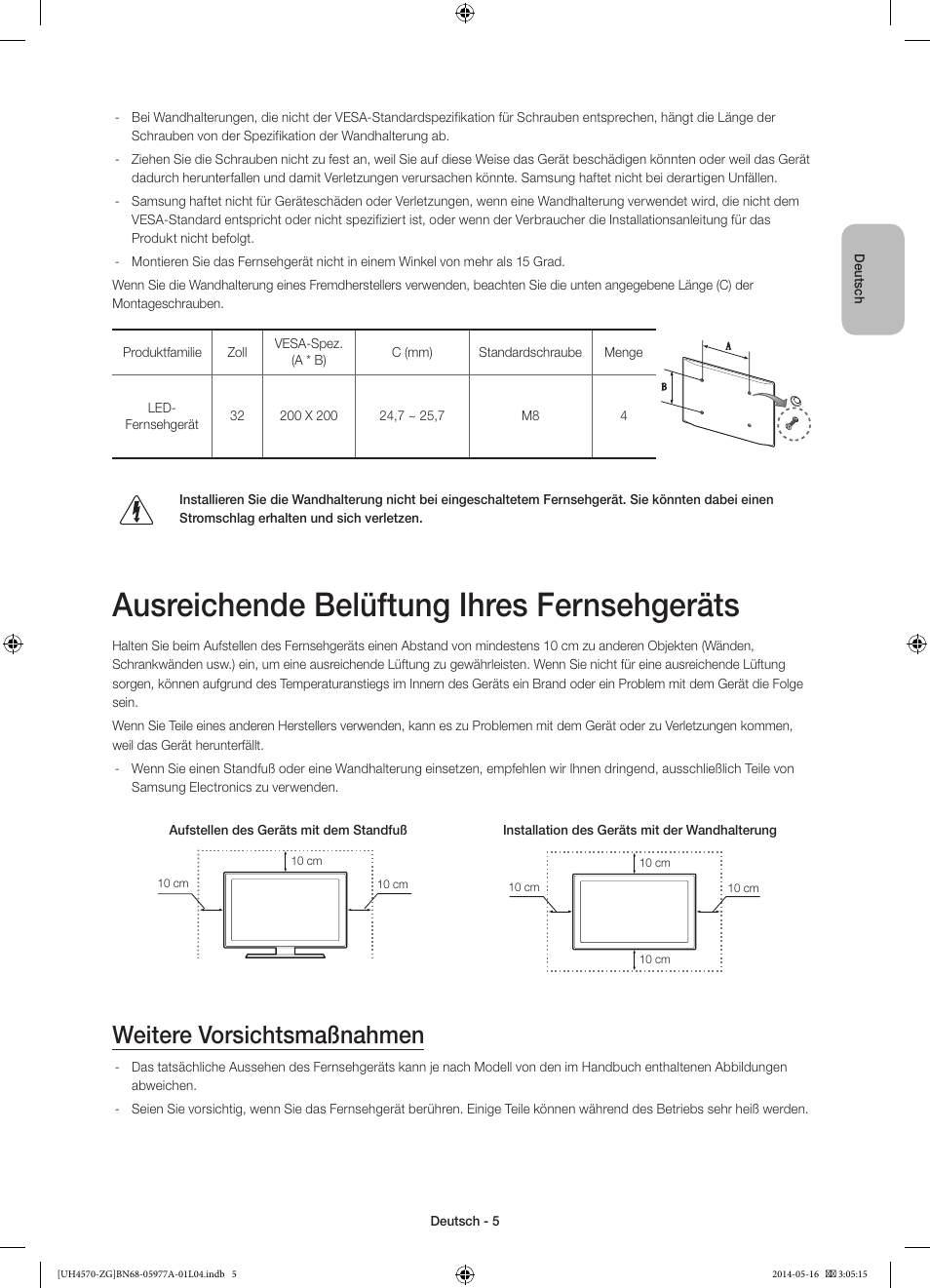 Ausreichende belüftung ihres fernsehgeräts, Weitere vorsichtsmaßnahmen | Samsung UE32H4570SS User Manual | Page 23 / 73