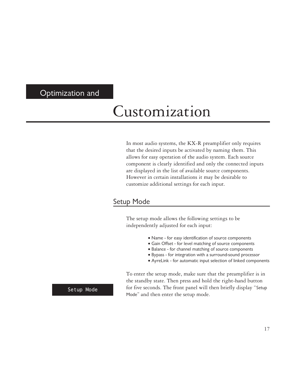Customization, Optimization and, Setup mode | AYRE TK-8150 User Manual | Page 17 / 36