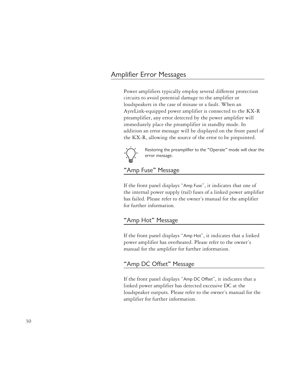 Amplifier error messages | AYRE TK-8150 User Manual | Page 30 / 36
