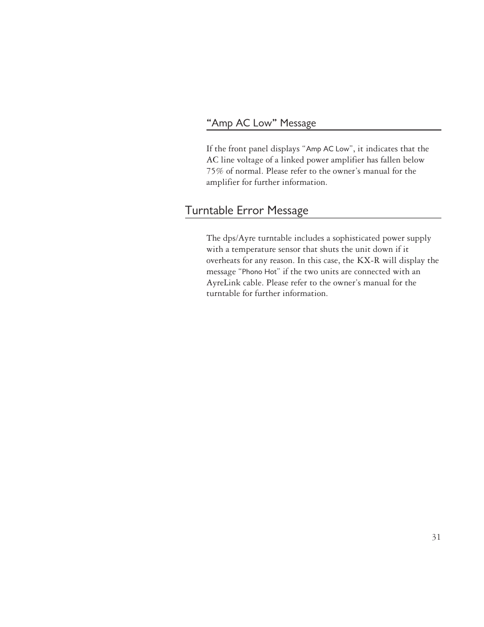 Turntable error message | AYRE TK-8150 User Manual | Page 31 / 36