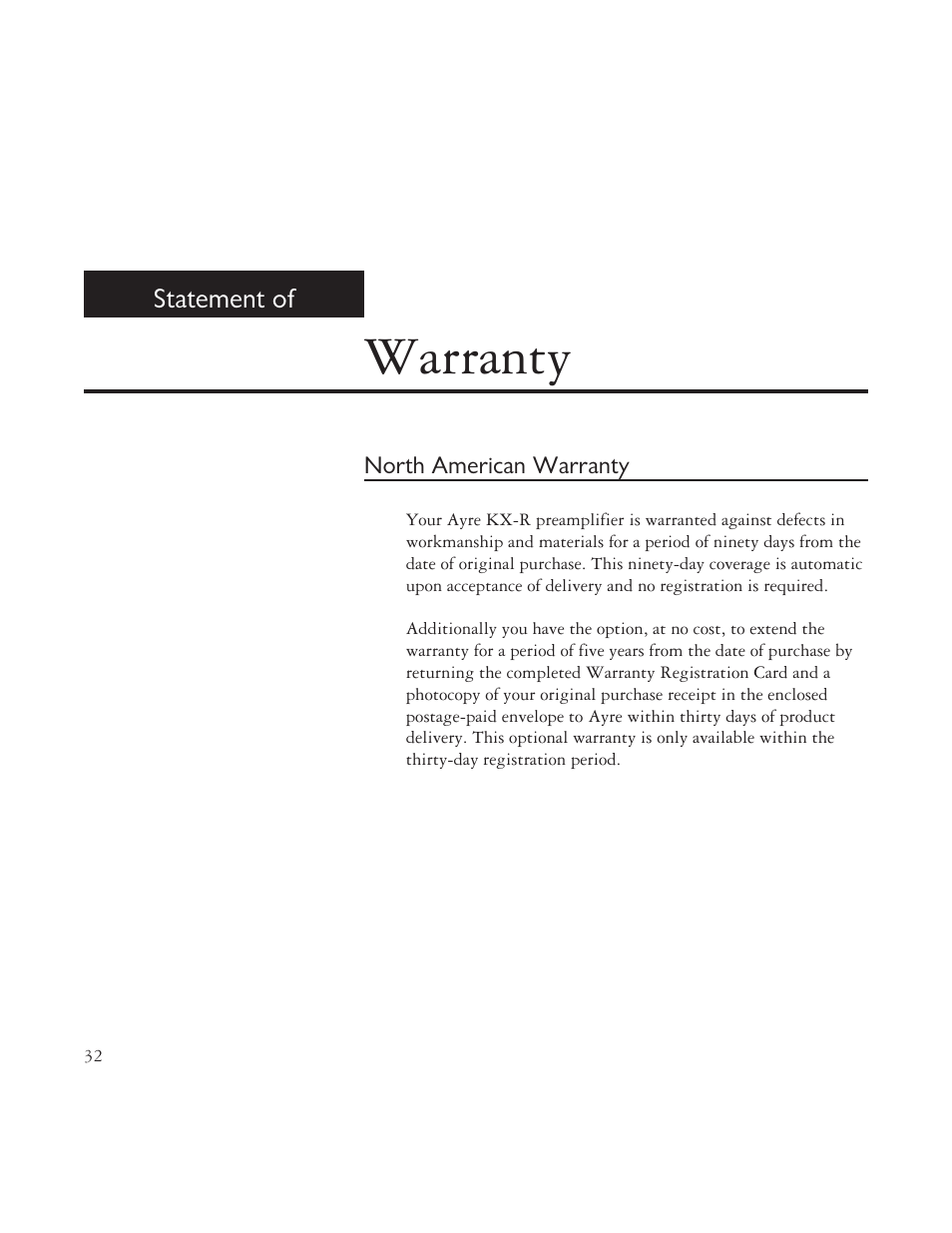 Warranty | AYRE TK-8150 User Manual | Page 32 / 36