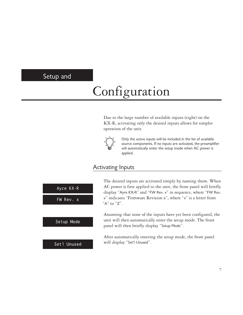 Configuration, Setup and, Activating inputs | AYRE TK-8150 User Manual | Page 7 / 36