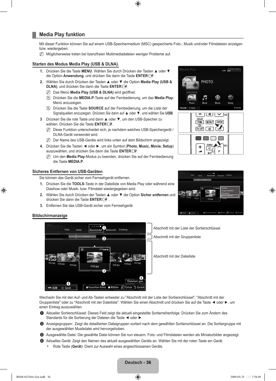 Media play funktion, Deutsch - 36 36, Starten des modus media play (usb & dlna) | Sicheres entfernen von usb-geräten, Bildschirmanzeige, Photo | Samsung UE46B8090XW User Manual | Page 125 / 317