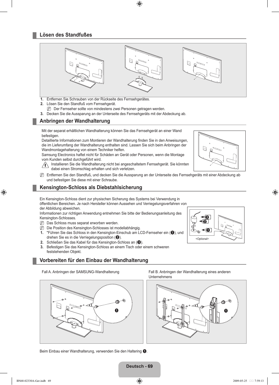 Lösen des standfußes, Anbringen der wandhalterung, Kensington-schloss als diebstahlsicherung | Vorbereiten für den einbau der wandhalterung | Samsung UE46B8090XW User Manual | Page 158 / 317