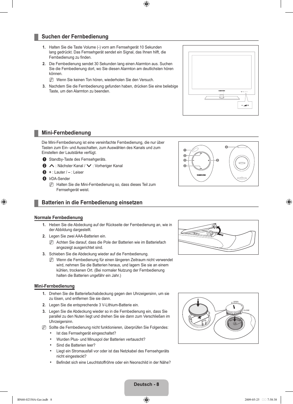 Suchen der fernbedienung, Mini-fernbedienung, Batterien in die fernbedienung einsetzen | Samsung UE46B8090XW User Manual | Page 97 / 317