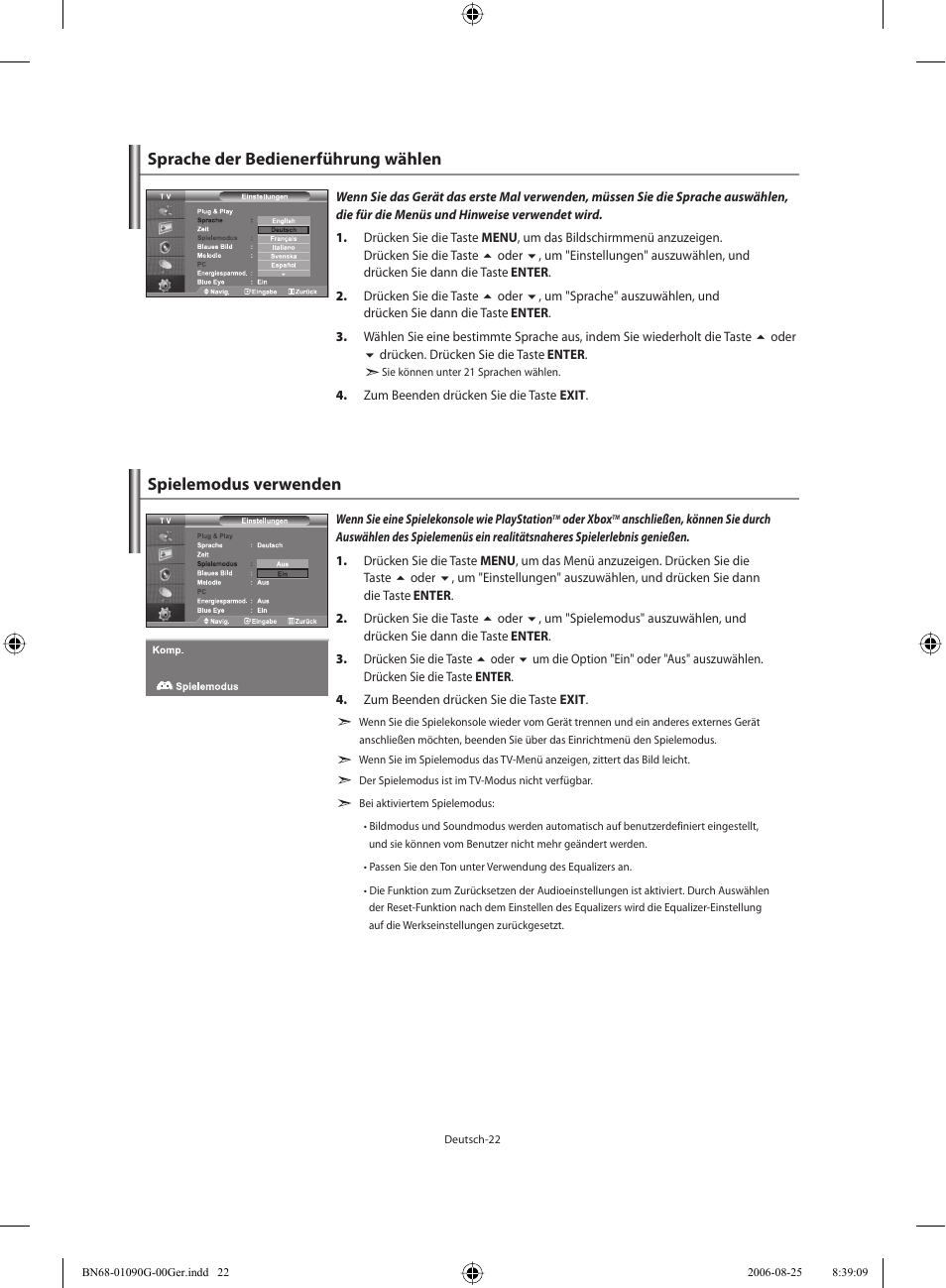 Sprache der bedienerführung wählen, Spielemodus verwenden | Samsung LE40M71B User Manual | Page 114 / 320