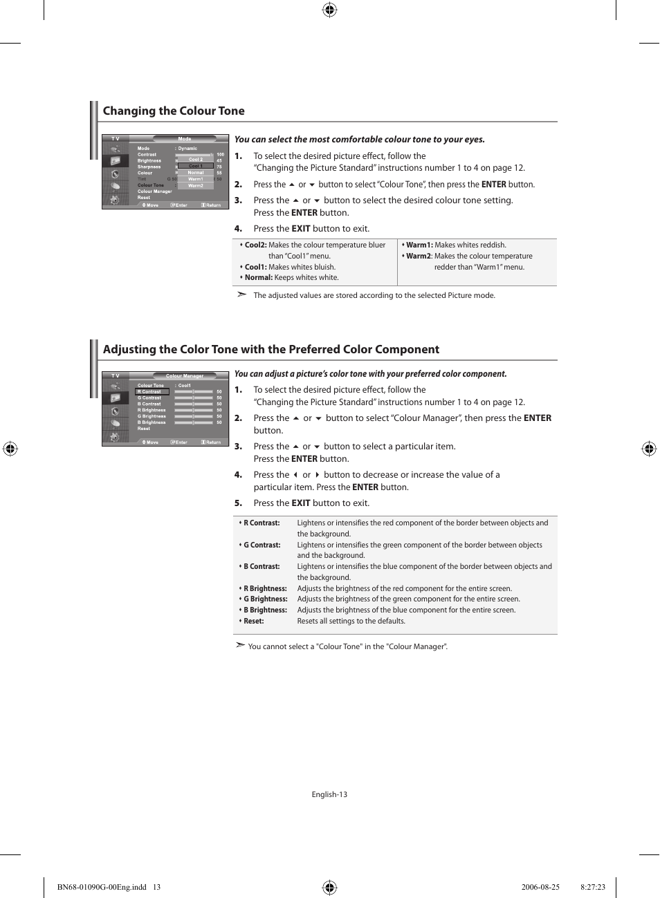 Changing the colour tone | Samsung LE40M71B User Manual | Page 15 / 320