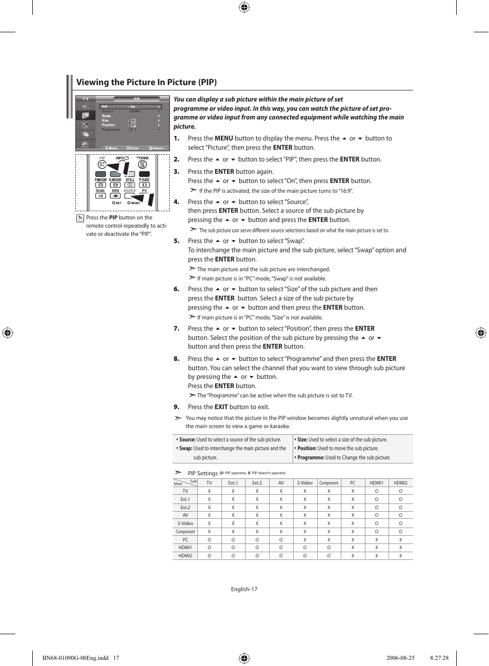 Viewing the picture in picture (pip) | Samsung LE40M71B User Manual | Page 19 / 320