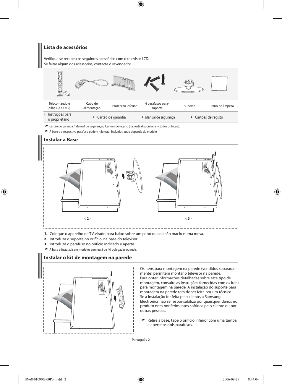 Lista de acessórios, Instalar a base, Instalar o kit de montagem na parede | Samsung LE40M71B User Manual | Page 229 / 320