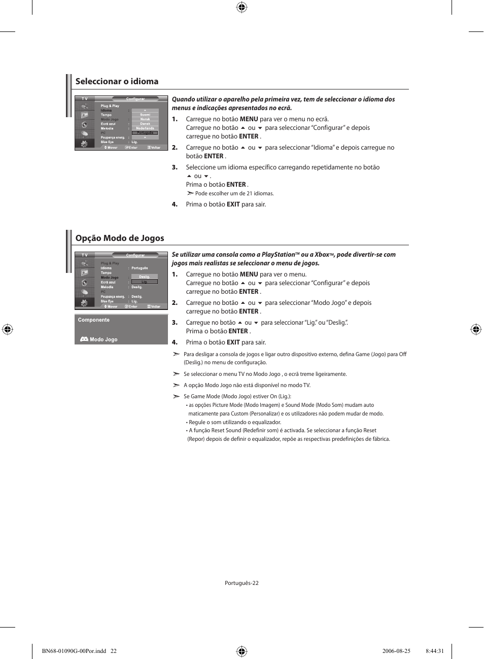 Seleccionar o idioma, Opção modo de jogos | Samsung LE40M71B User Manual | Page 249 / 320