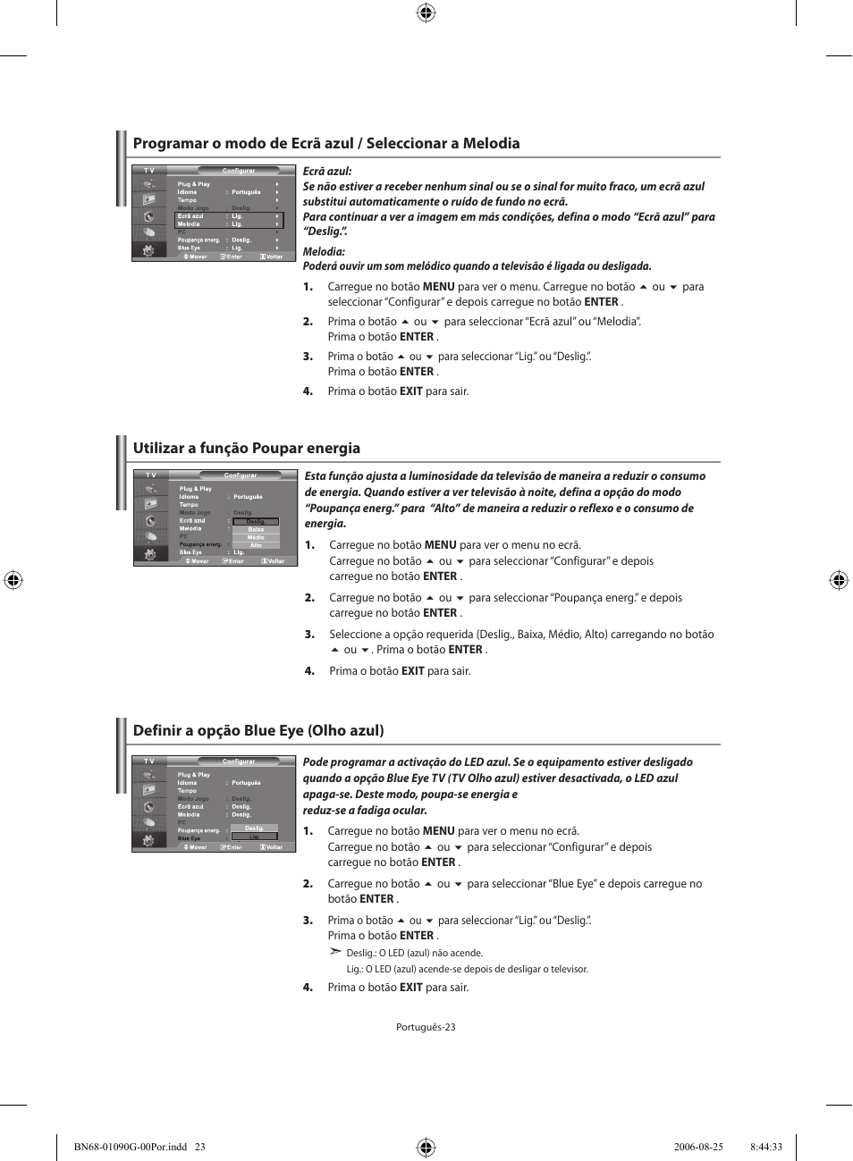 Utilizar a função poupar energia, Definir a opção blue eye (olho azul) | Samsung LE40M71B User Manual | Page 250 / 320