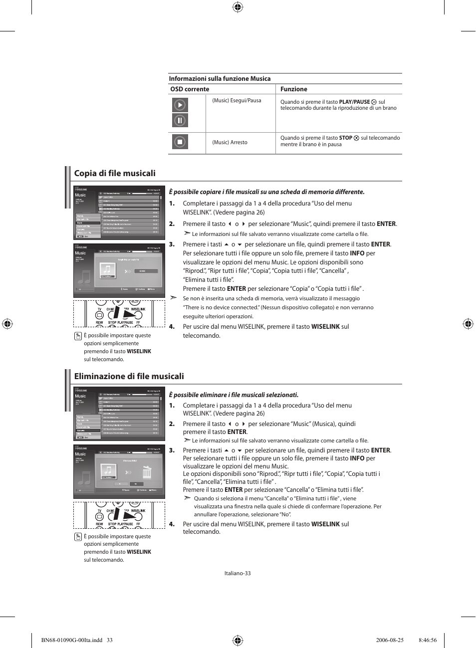 Copia di file musicali, Eliminazione di file musicali | Samsung LE40M71B User Manual | Page 305 / 320