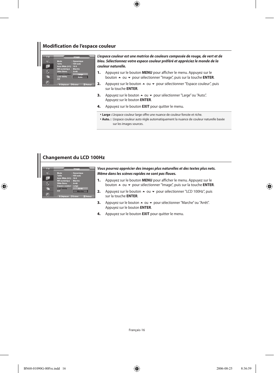 Modification de l’espace couleur, Changement du lcd 100hz | Samsung LE40M71B User Manual | Page 63 / 320