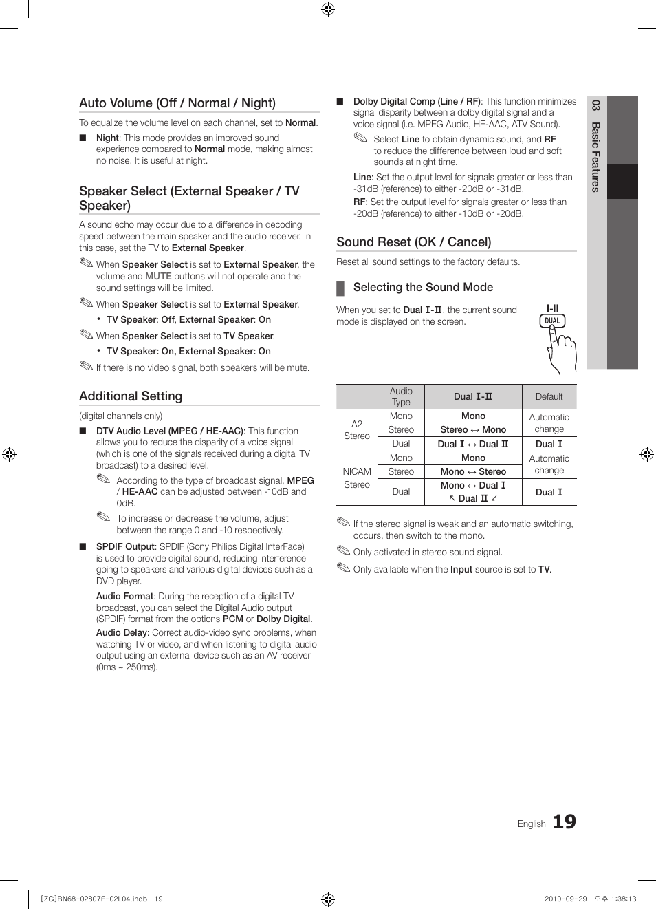 Auto volume (off / normal / night), Speaker select (external speaker / tv speaker), Additional setting | Sound reset (ok / cancel) | Samsung PS58C6500TW User Manual | Page 19 / 221