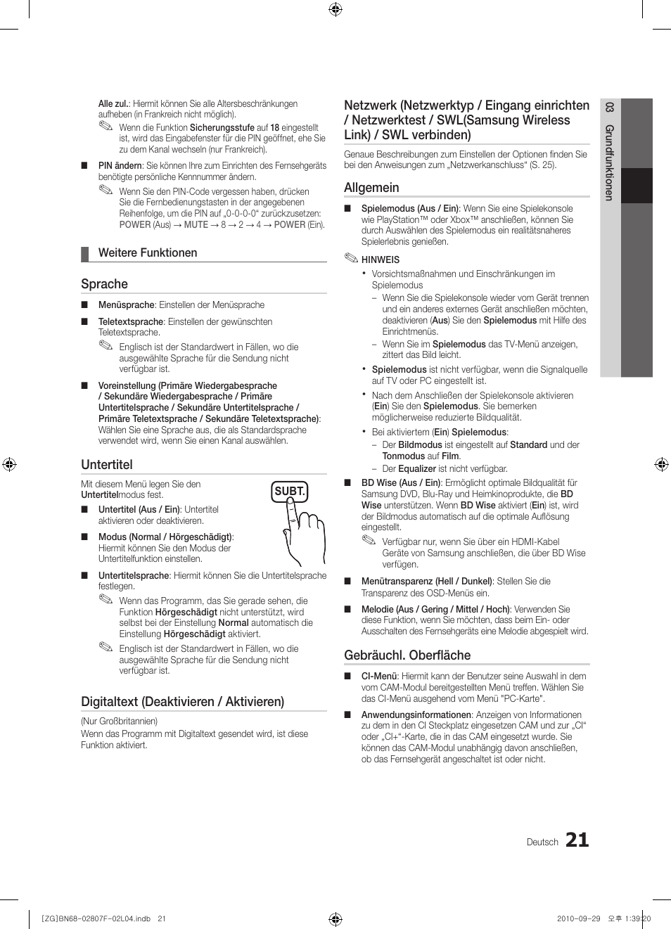Sprache, Untertitel, Digitaltext (deaktivieren / aktivieren) | Allgemein, Gebräuchl. oberfläche | Samsung PS58C6500TW User Manual | Page 76 / 221