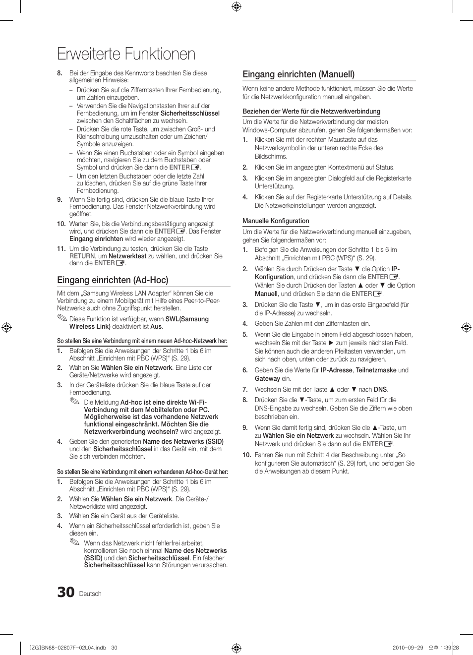 Erweiterte funktionen, Eingang einrichten (ad-hoc), Eingang einrichten (manuell) | Samsung PS58C6500TW User Manual | Page 85 / 221