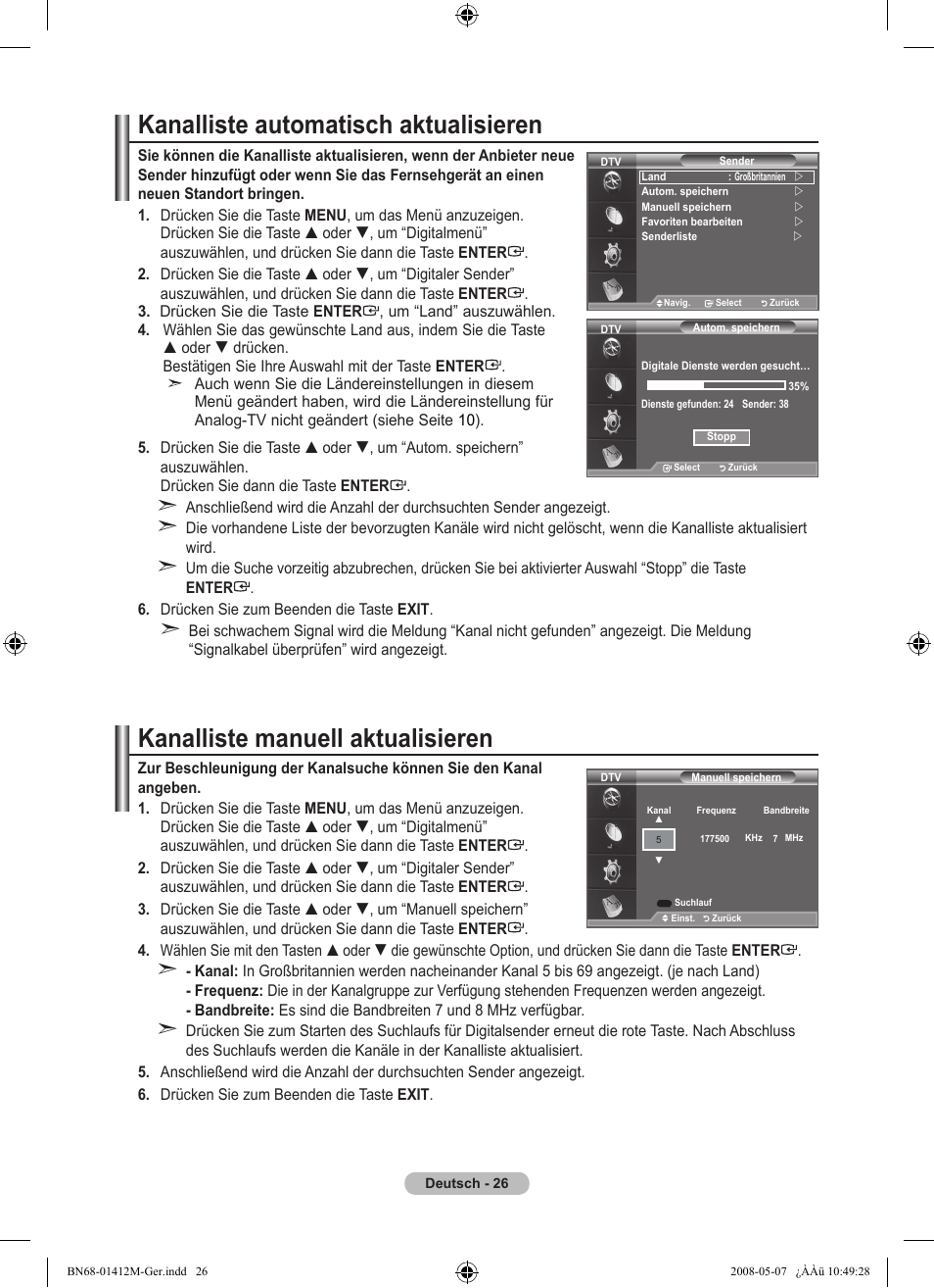 Kanalliste automatisch aktualisieren, Kanalliste manuell aktualisieren | Samsung LE22A656A1D User Manual | Page 128 / 403