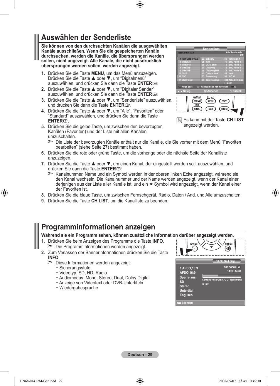 Auswählen der senderliste, Programminformationen anzeigen | Samsung LE22A656A1D User Manual | Page 131 / 403