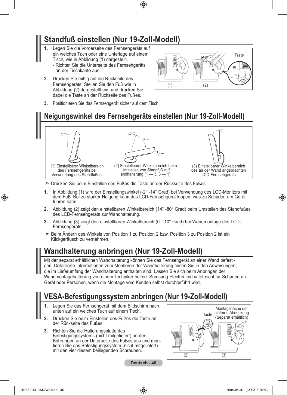 Standfuß einstellen (nur 19-zoll-modell), Wandhalterung anbringen (nur 19-zoll-modell) | Samsung LE22A656A1D User Manual | Page 148 / 403
