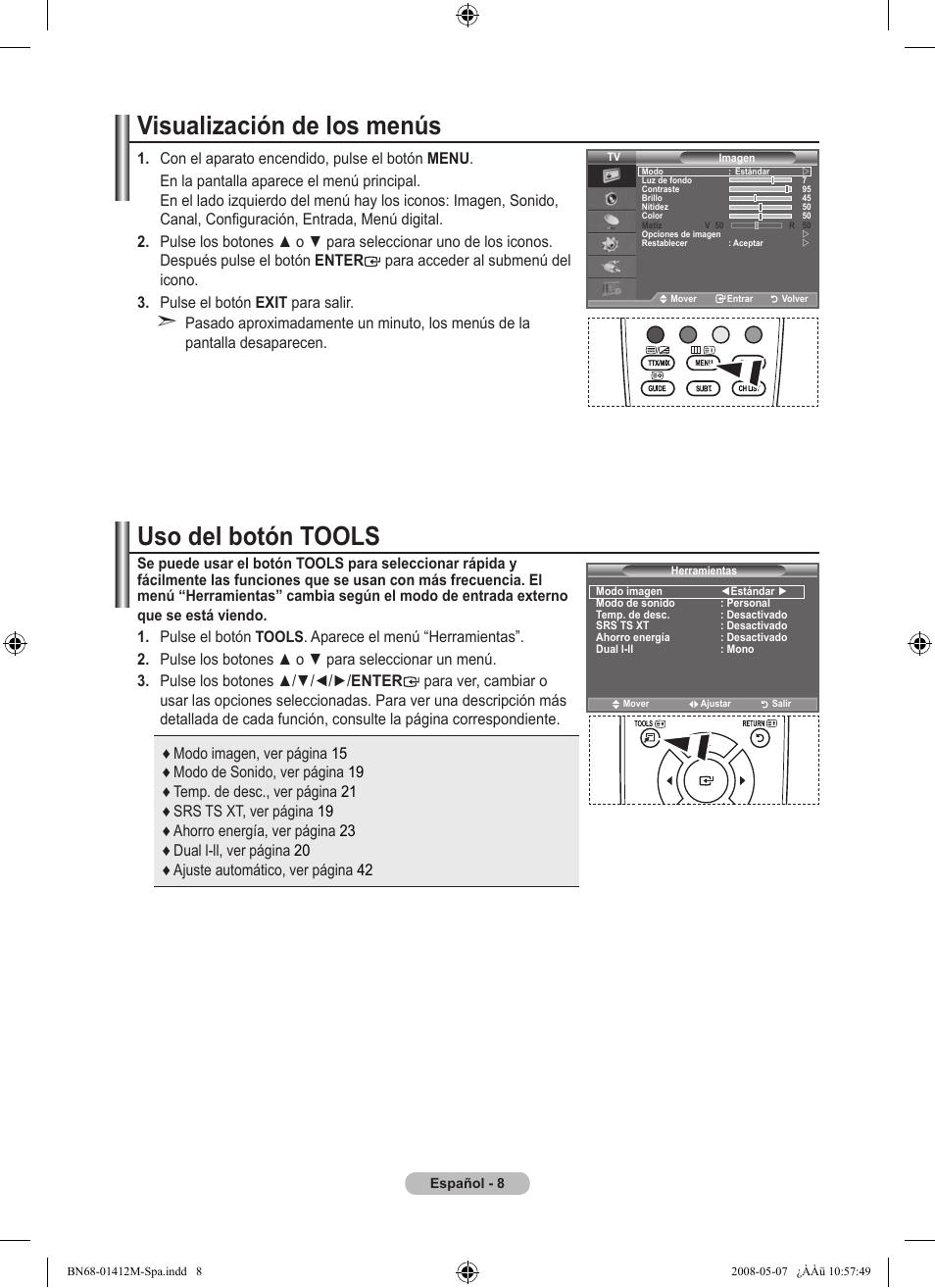 Visualización de los menús, Uso del botón tools | Samsung LE22A656A1D User Manual | Page 261 / 403