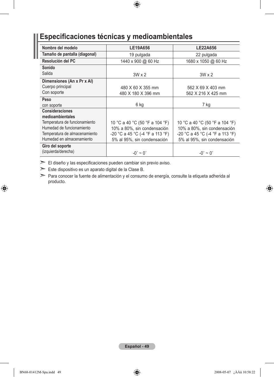 Especificaciones técnicas y medioambientales | Samsung LE22A656A1D User Manual | Page 302 / 403