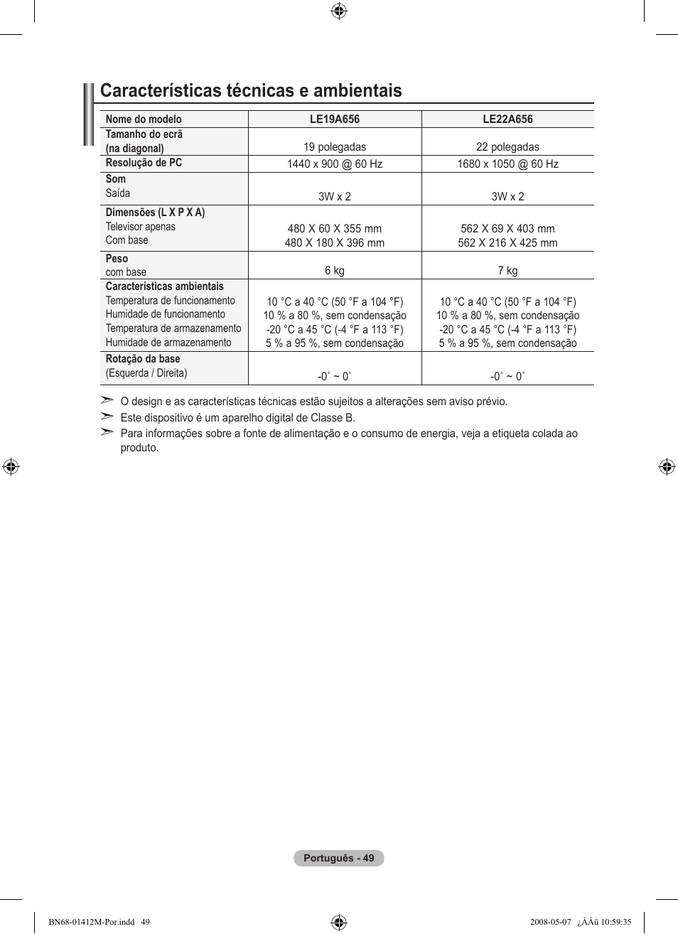 Características técnicas e ambientais | Samsung LE22A656A1D User Manual | Page 352 / 403
